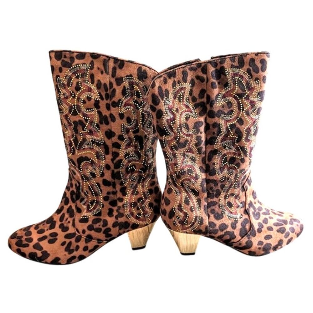 NWOT Joan Boyce Animal Print Mid-Calf Rhinestone Mirrored Heel Boots 7.5